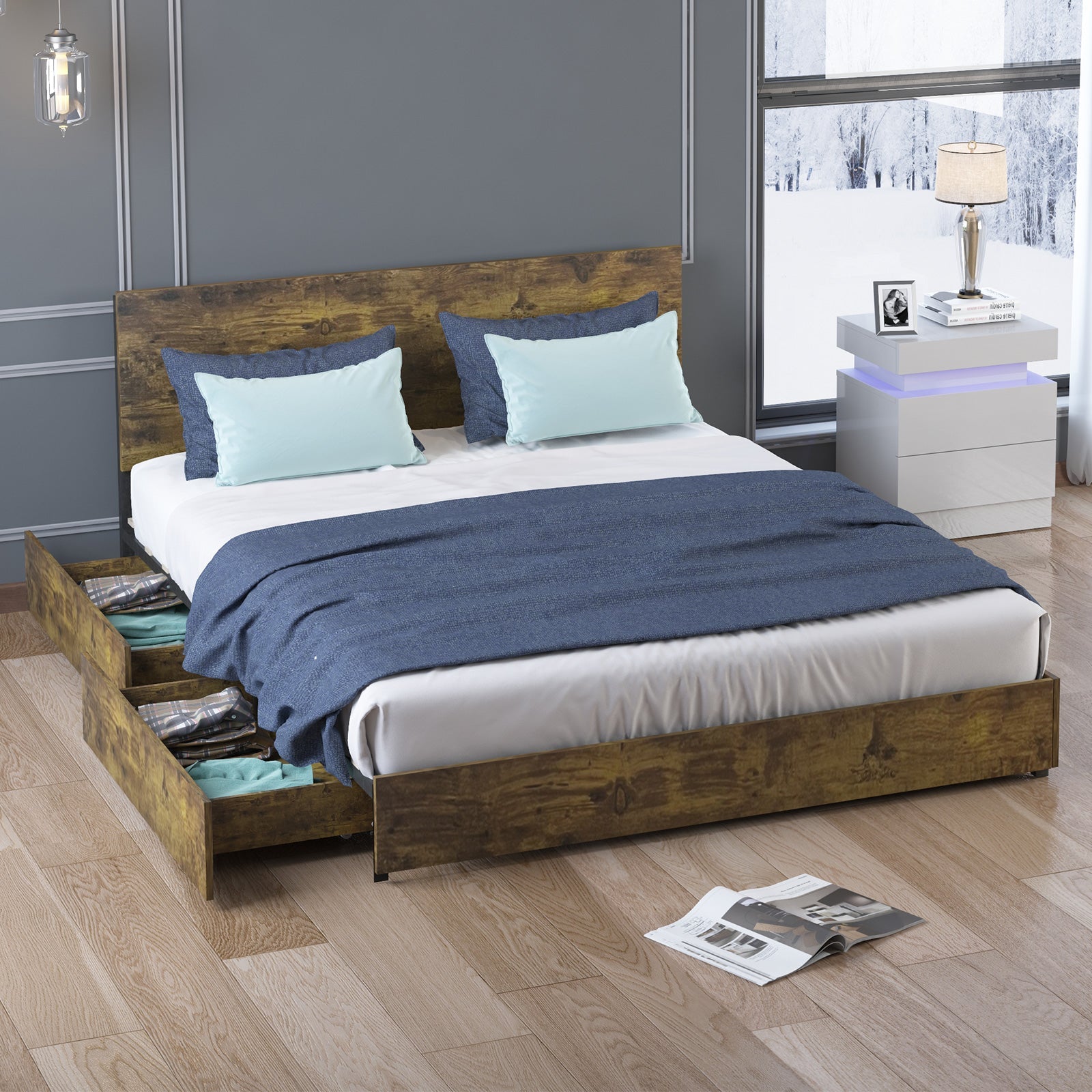 Drawer Bed | Wood Slat Bed Frame With 4 Wooden Storage Drawers - uenjoybed
