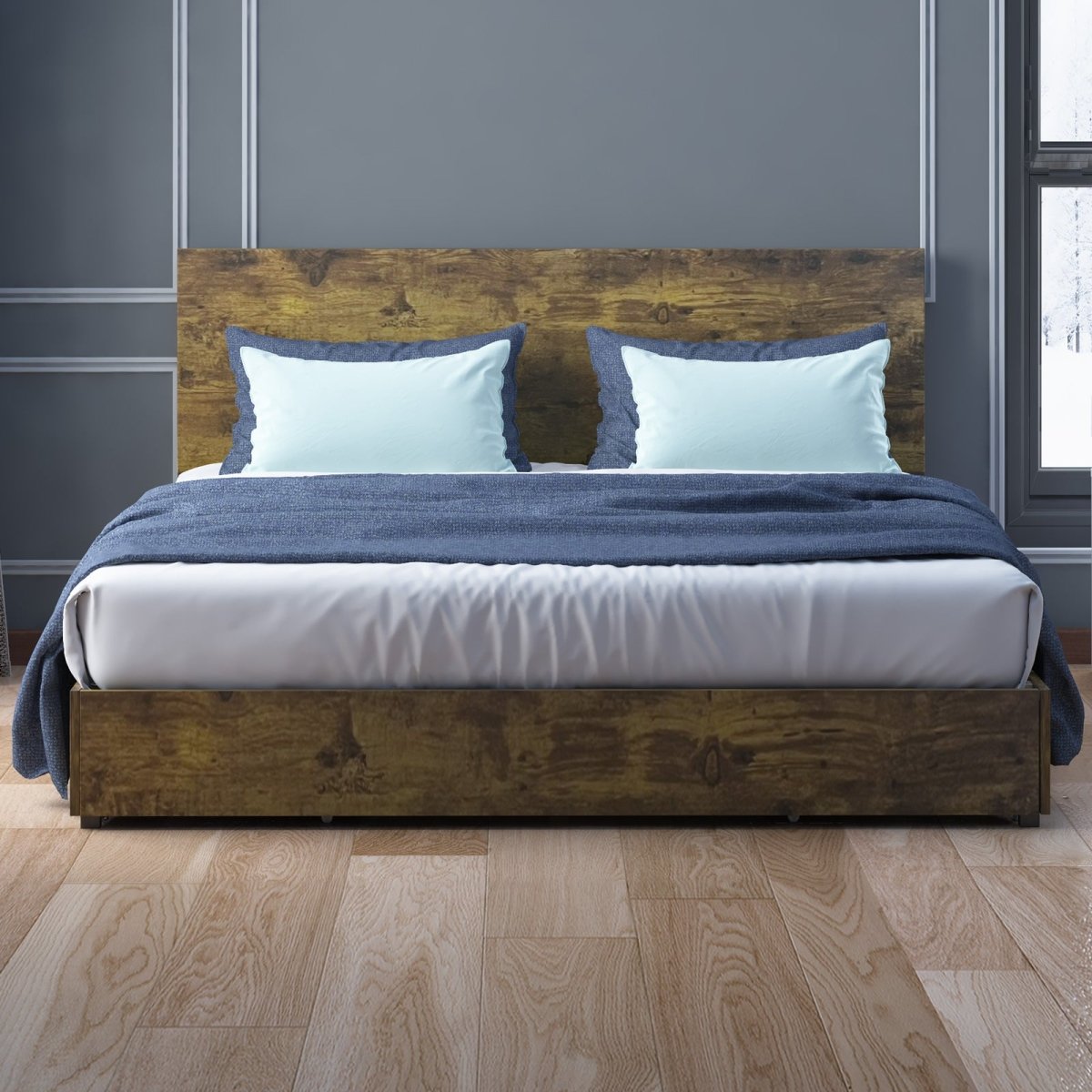 Drawer Bed | Wood Slat Bed Frame With 4 Wooden Storage Drawers - Mjkonebed