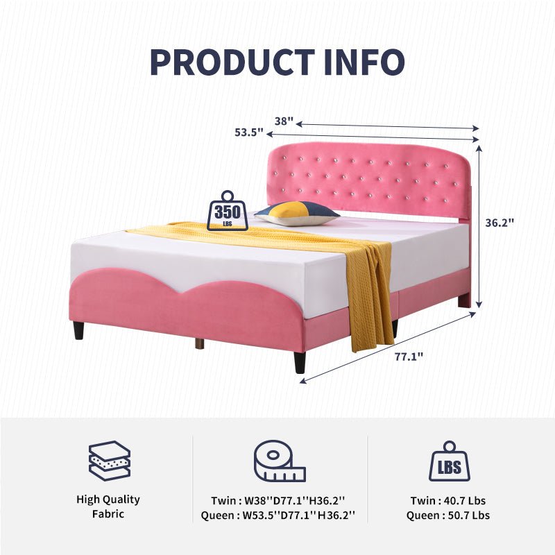 Kid's Bed | Pink Princess Wooden Bed Frames for Children with Velvet Upholstered Platform and Slat Support - Mjkonebed frame