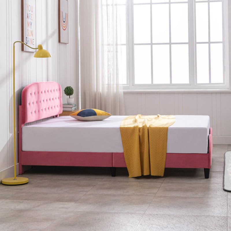 Kid's Bed | Pink Princess Wooden Bed Frames for Children with Velvet Upholstered Platform and Slat Support - Mjkonebed frame