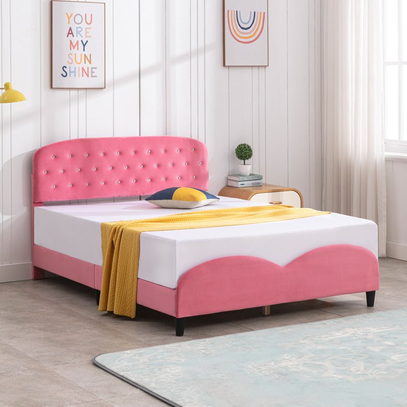 Kid's Bed | Pink Princess Wooden Bed Frames for Children with Velvet Upholstered Platform and Slat Support - Mjkonebed frame