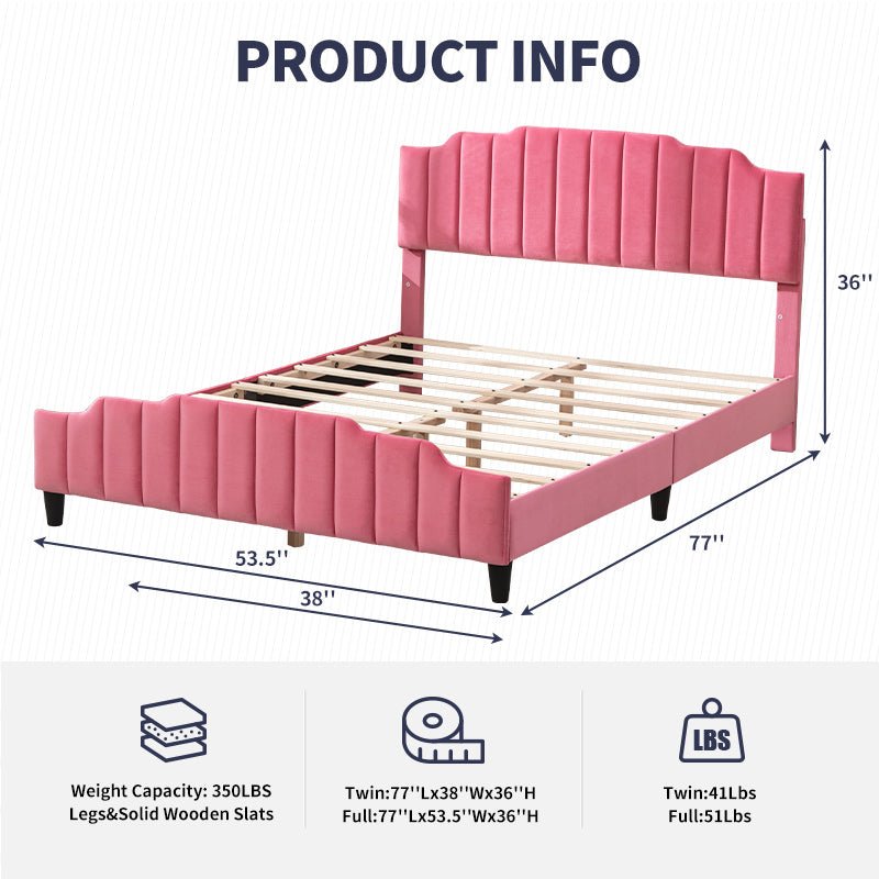 Kid's Bed | Pink Toddler Wood Bed Frame with Upholstered Platform and Slat Support No Box Spring Needed - Mjkonebed frame