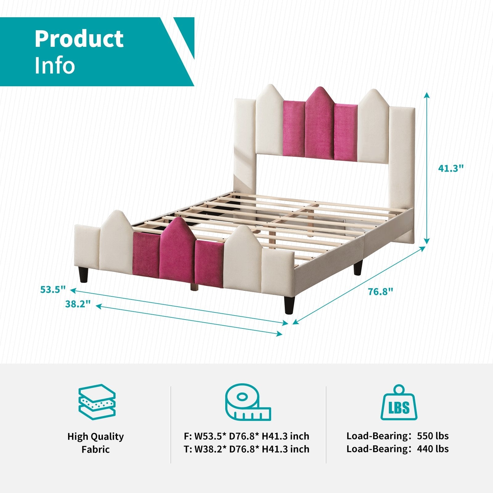 Mjkone Wood Upholstered Kids Bed Frame with Headboard