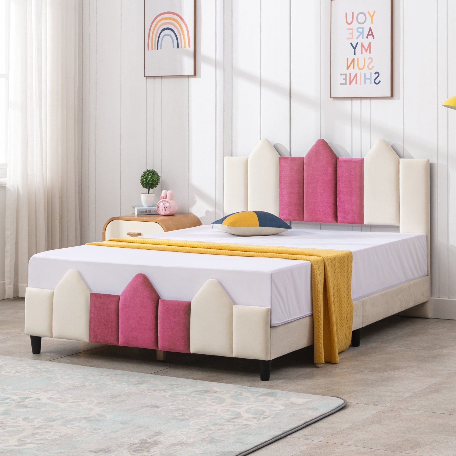 Kid's Bed | Upholstered Kids Bed Frame with Tuft Headboard and Footboard - Mjkonebed frame