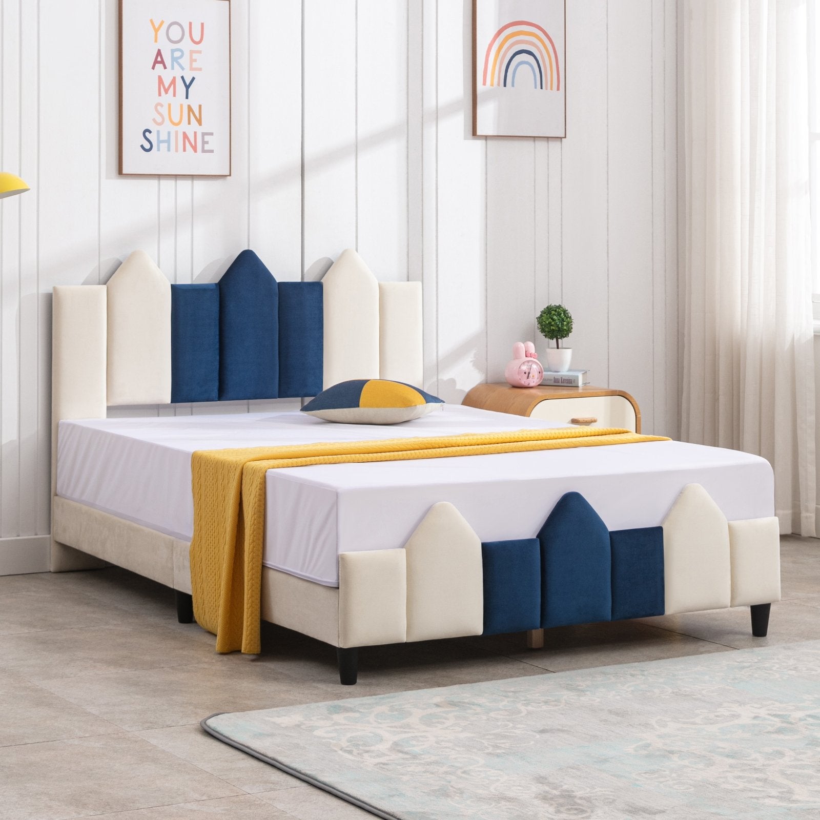 Kid's Bed | Upholstered Kids Bed Frame with Tuft Headboard and Footboard - Mjkonebed frame