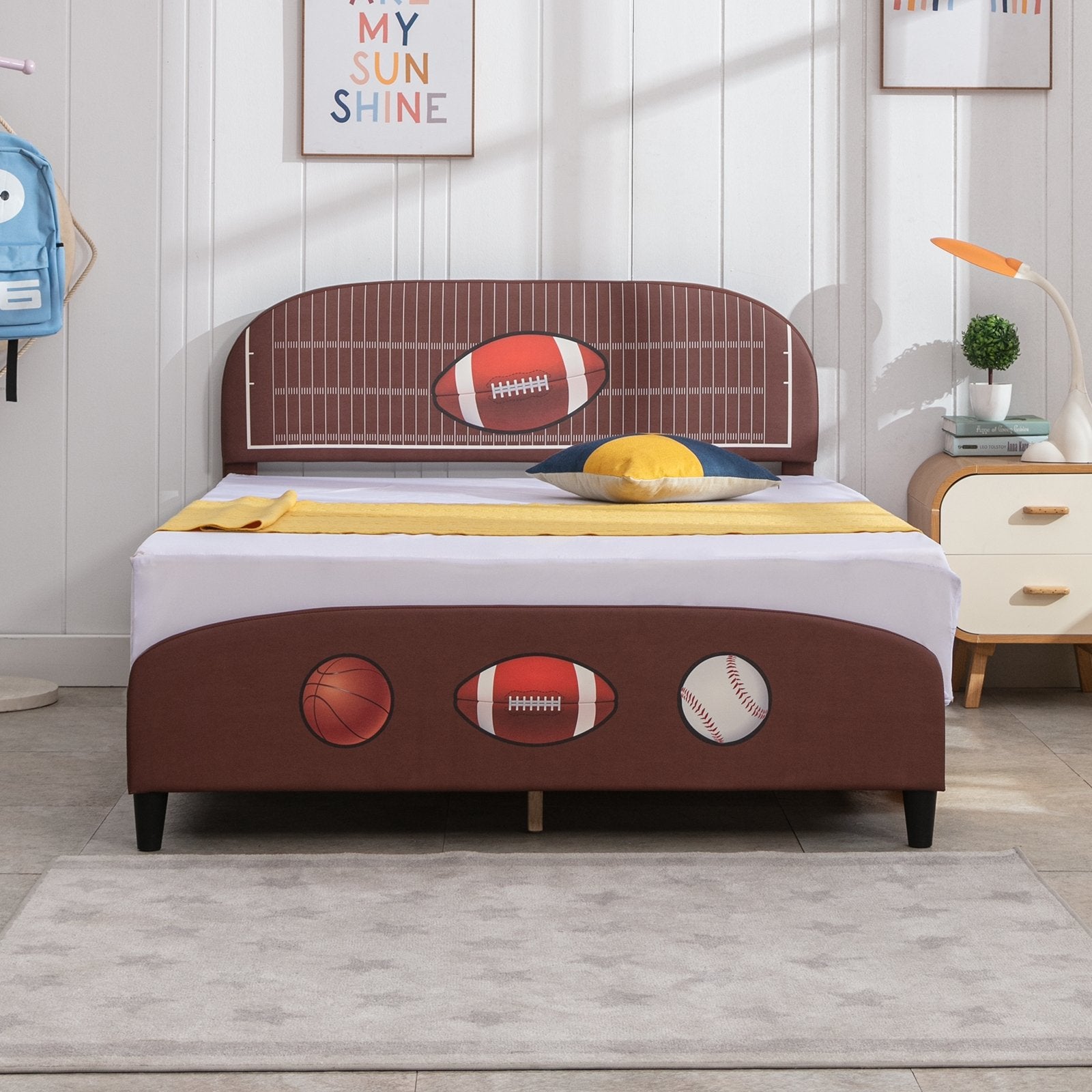 Kid's Bed | Upholstered Toddler Bed with Curved Football Design Headboard - Mjkonebed frame