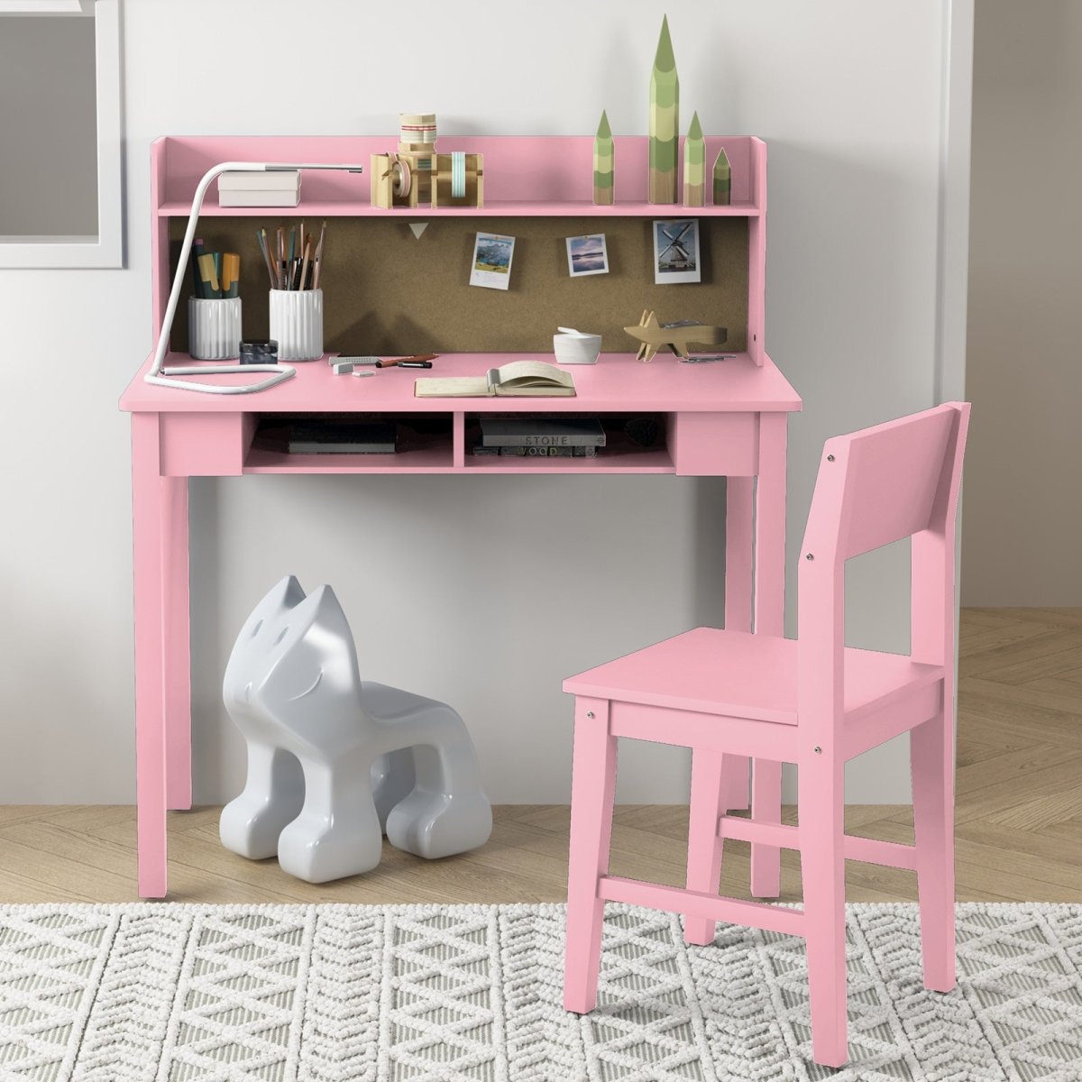 Kid's Desk and Chair Set | Wooden Writing Desk with Hutch Student's Study Computer Workstation - Mjkonetable
