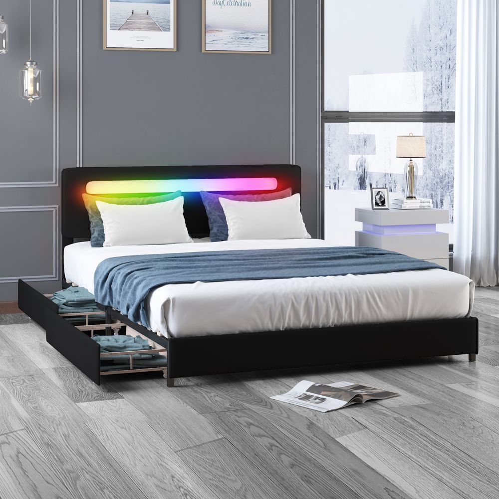 Mjkone Drawer Bed RGB LED Lighting Effects Headboard With 4 Storage Drawers - Mjkonebed