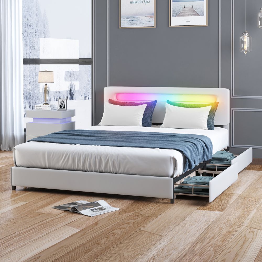 Mjkone Drawer Bed RGB LED Lighting Effects Headboard With 4 Storage Drawers - Mjkonebed