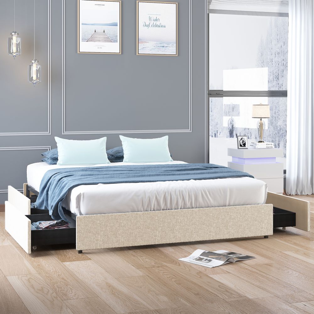 Mjkone Drawer Bed Wood Slat Bed Frame With 4 Storage Drawers - Mjkonebed frame
