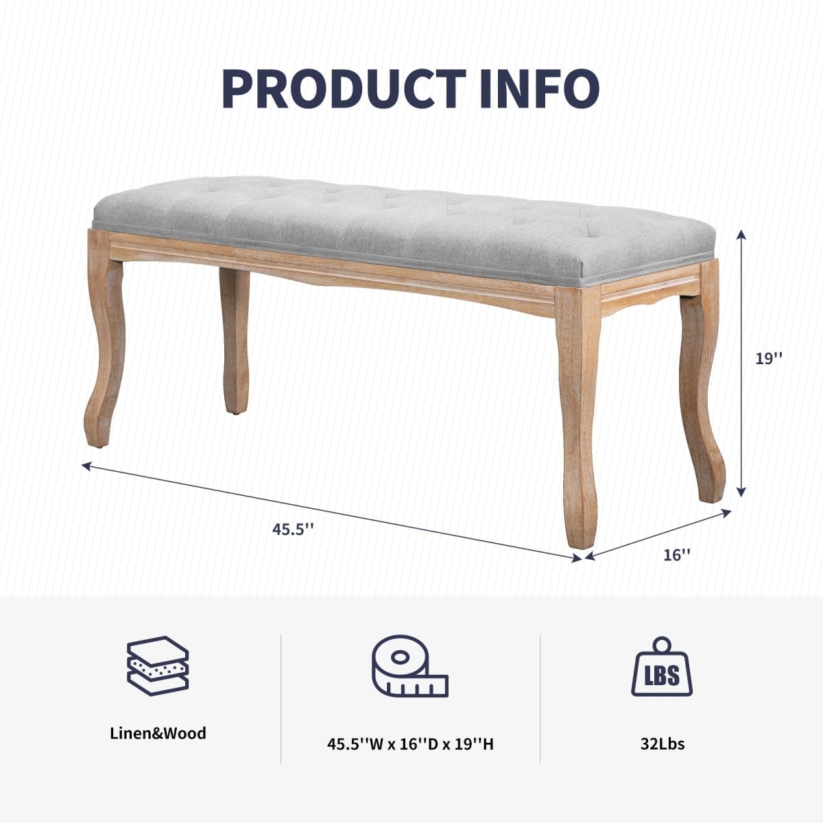 Ottoman | Vintage Upholstered Entryway Bench End of Bed Bench with Button Tufted - Mjkoneottoman