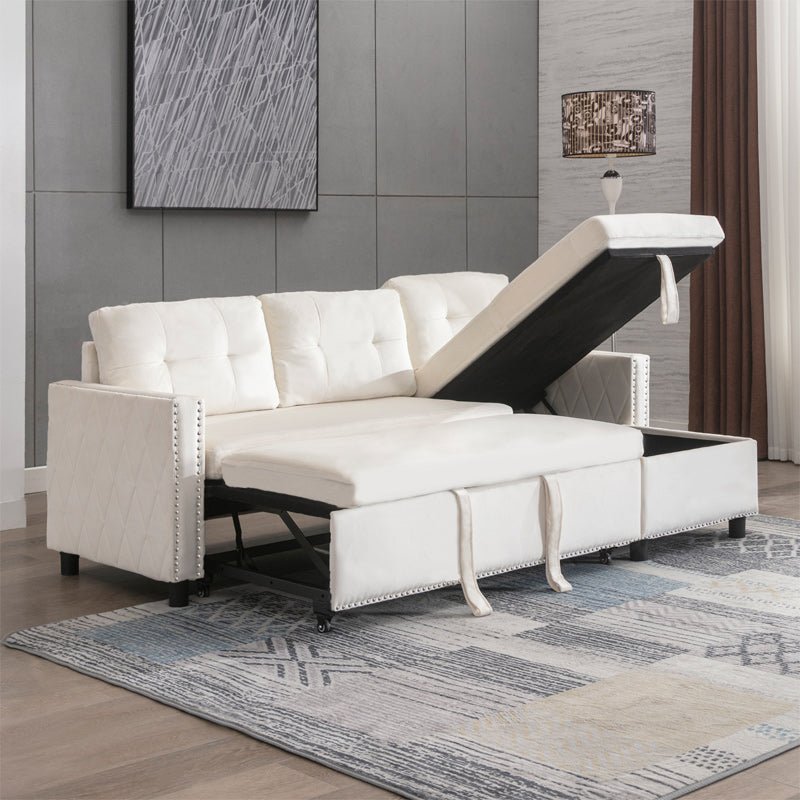 Sectional Sofa | 2-Piece Velvet Fabric Button Tufted Chaise with Pull-Out Sleeper and Ottoman - Mjkonesofa