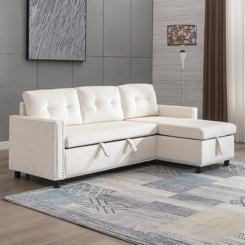 Sectional Sofa | 2-Piece Velvet Fabric Button Tufted Chaise with Pull-Out Sleeper and Ottoman - Mjkonesofa