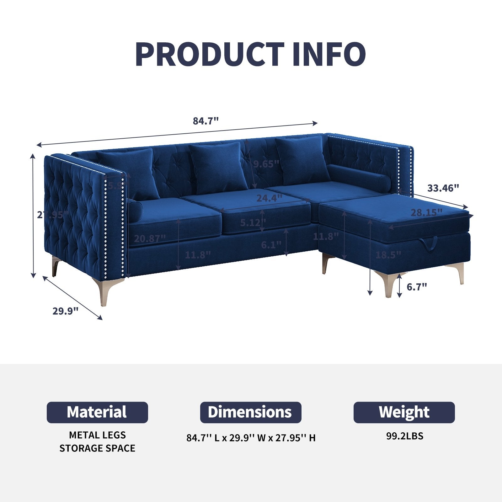 Sectional Sofa | 3-Seater Velvet Fabric Upholstered Chaise With Storage Ottoman - uenjoysofa