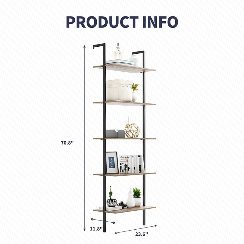 Shelves | 5-Tier Wall Mounted Bookshelf with Metal Frame - MjkoneShelves