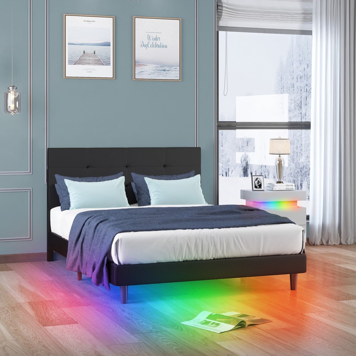 Upholstered Bed Frame | Adjustable RGB LED Lighting Effects Headboard Works with Alexa or Apps - Mjkonebed