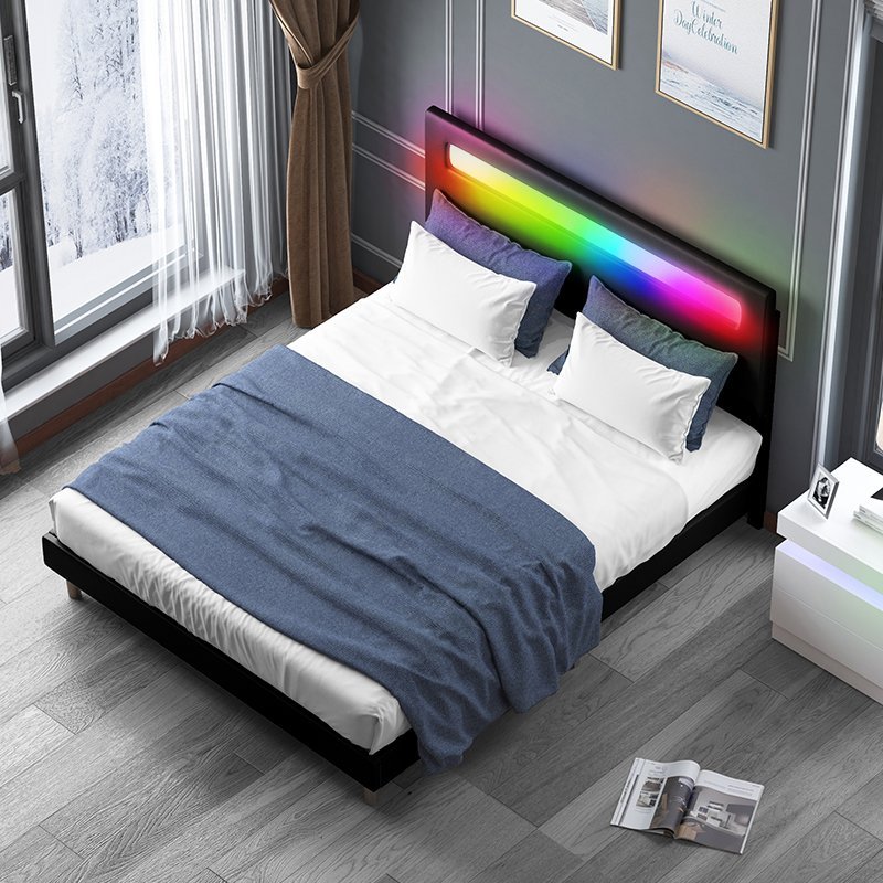 Upholstered Bed Frame | Bed Frame with RGB LED Adjustable Headboard by App Control - Mjkonebed