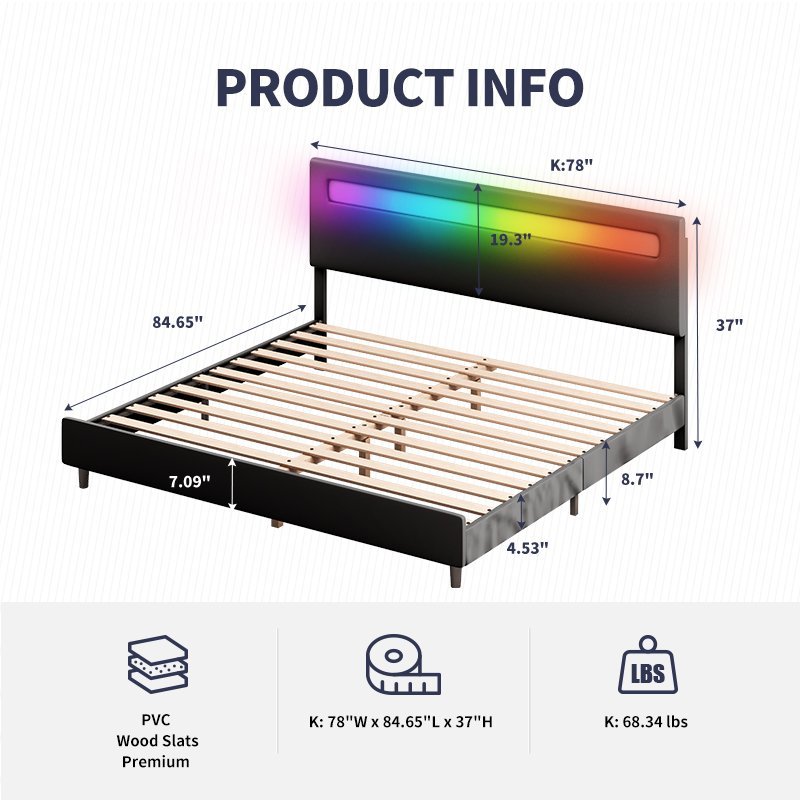 Upholstered Bed Frame | Bed Frame with RGB LED Adjustable Headboard by App Control - Mjkonebed
