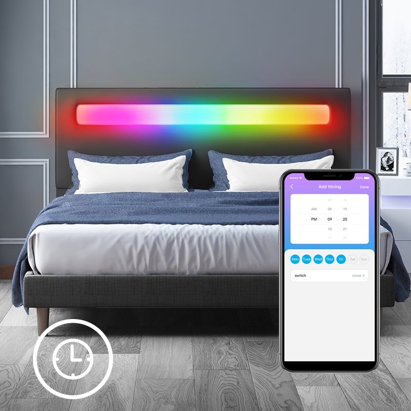 Upholstered Bed Frame | Bed Frame with RGB LED Adjustable Headboard by App Control - Mjkonebed