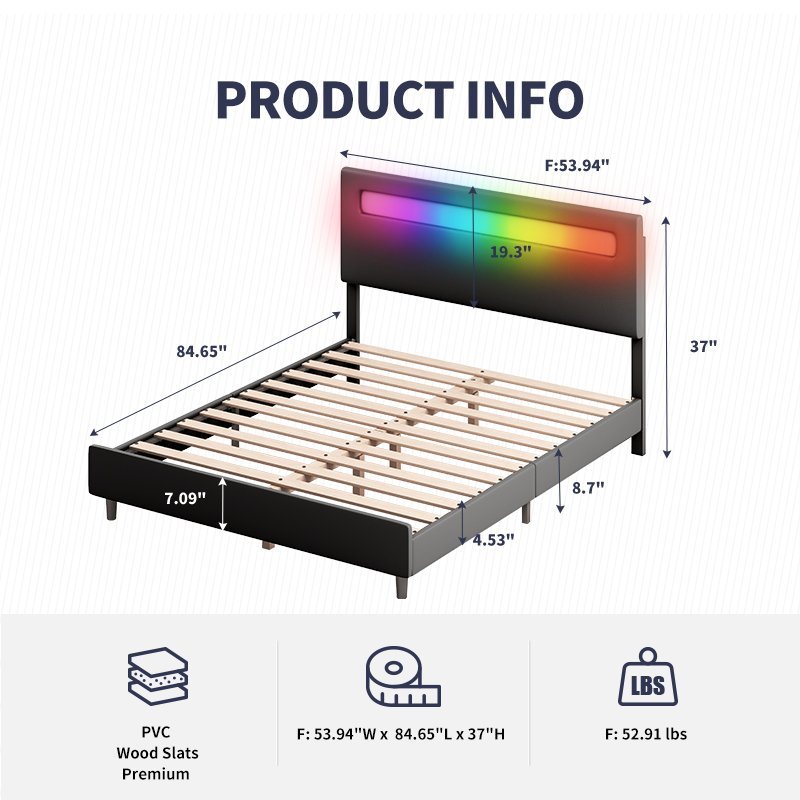 Upholstered Bed Frame | Bed Frame with RGB LED Adjustable Headboard by App Control - Mjkonebed