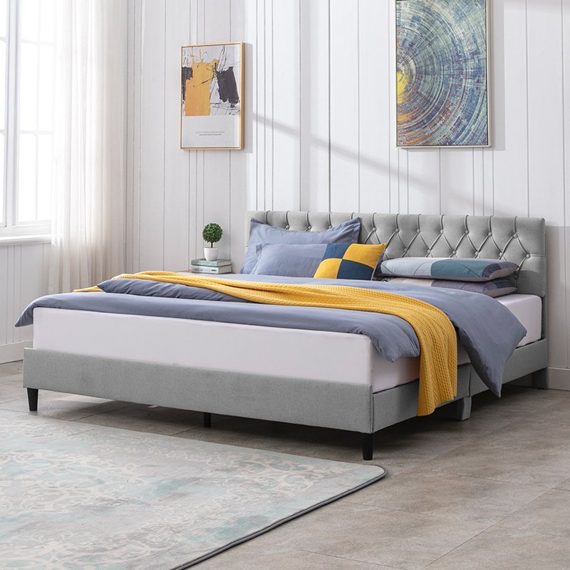Upholstered Bed Frame | Button Tufted Platform Bed with Headboard and Wood Slat Support - Mjkonebed frame