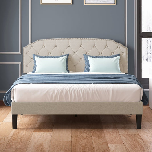 Upholstered Bed Frame | Cotton and Linen Platform Bed with Diamond Button Tufted Headboard - Mjkonebed frame