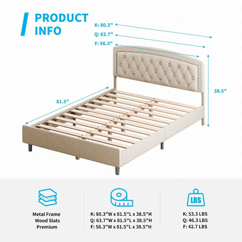 Upholstered Bed Frame | Linen Fabric Diamond-Shaped Button Curved Headboard With Wood Slat Bed - uenjoybed