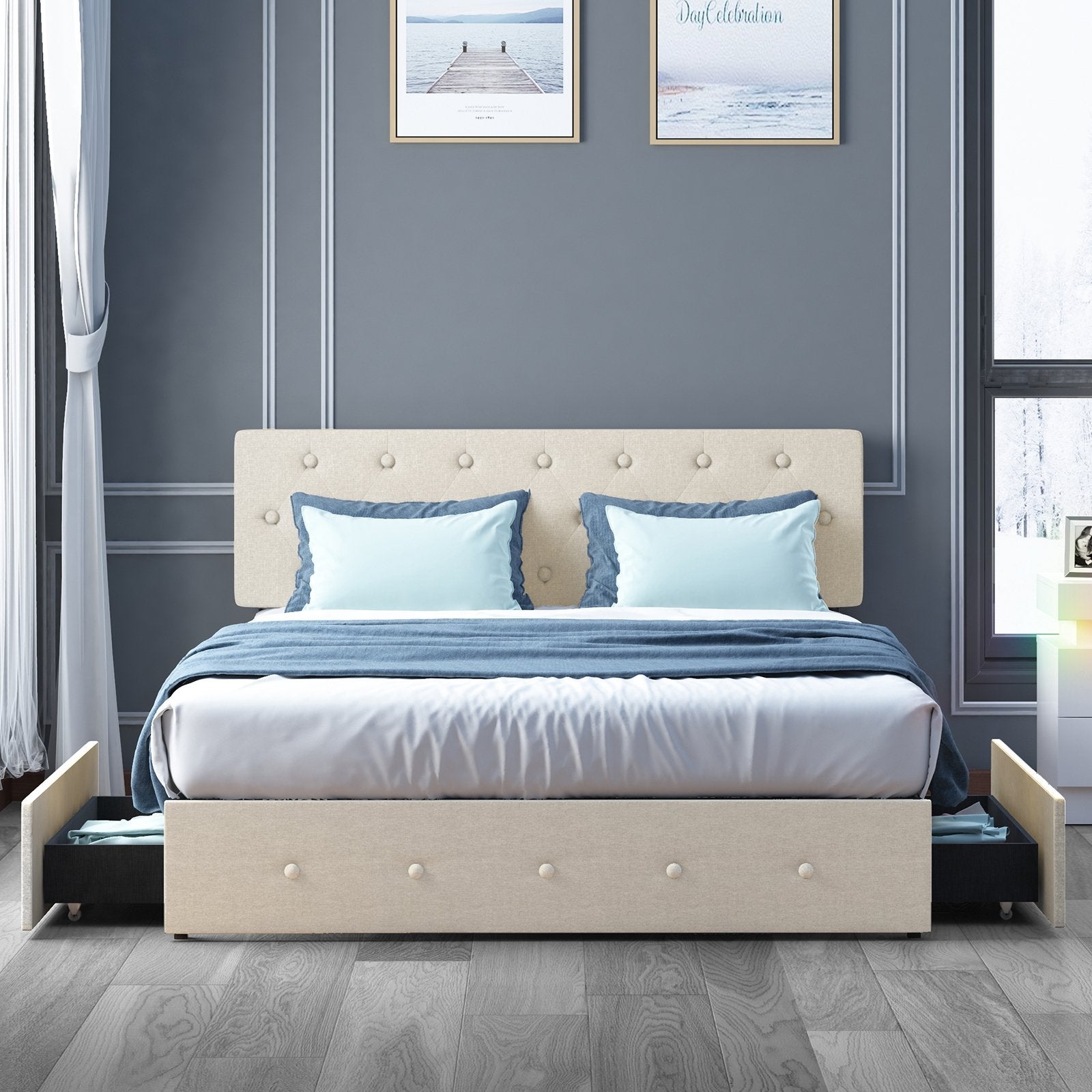 Upholstered Bed Frame | Linen Fabric Diamond-Shaped Button Tufted Headboard With Wood Slat Bed And 4 Storage Drawers - uenjoybed