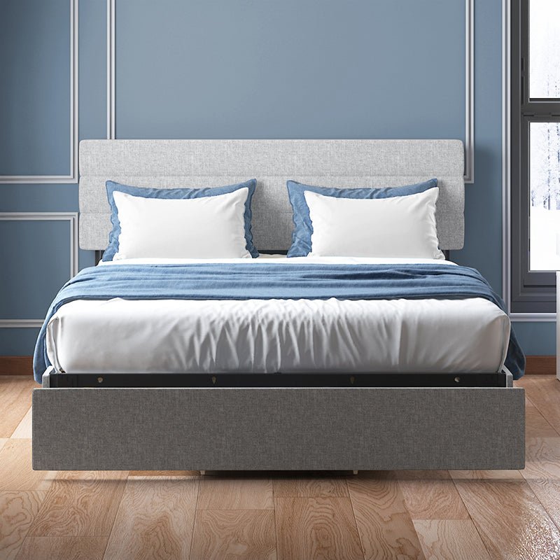 Upholstered Bed Frame | Linen Fabric Headboard with Wood Slat Support and Drawers - Mjkonebed