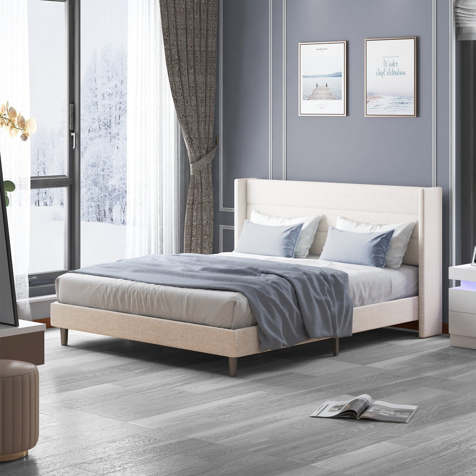 Upholstered Bed Frame | Linen Fabric Horizontal Stripe Wingback Headboard With Wood Slat Bed - Mjkonebed