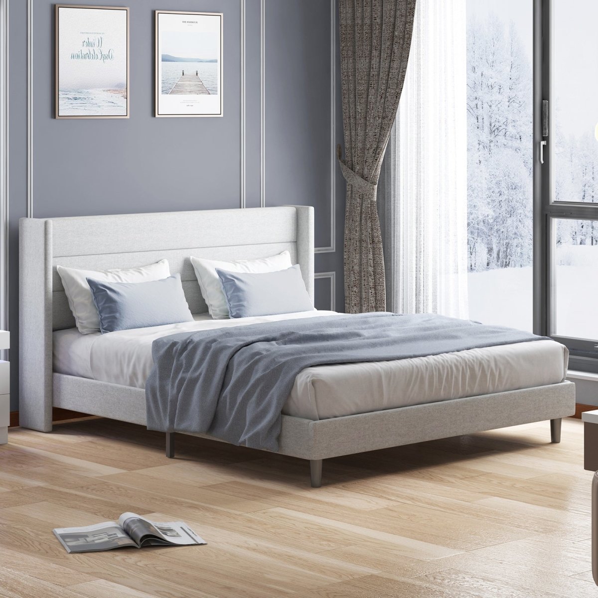 Upholstered Bed Frame | Linen Fabric Horizontal Stripe Wingback Headboard With Wood Slat Bed - Mjkonebed