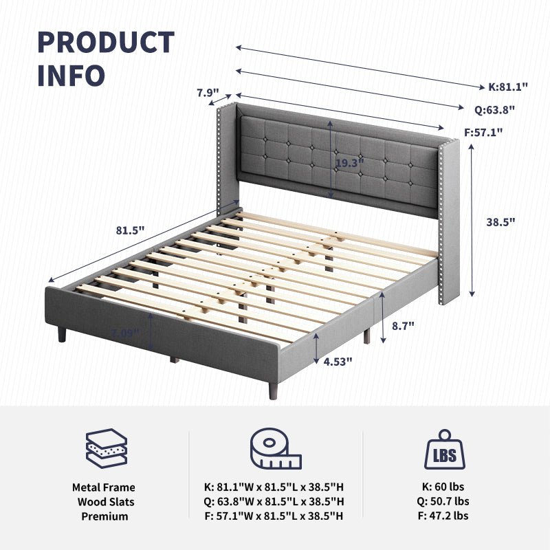 Upholstered Bed Frame | Linen Fabric Square Stitched Wingback Headboard With Wood Slat Bed - Mjkonebed frame