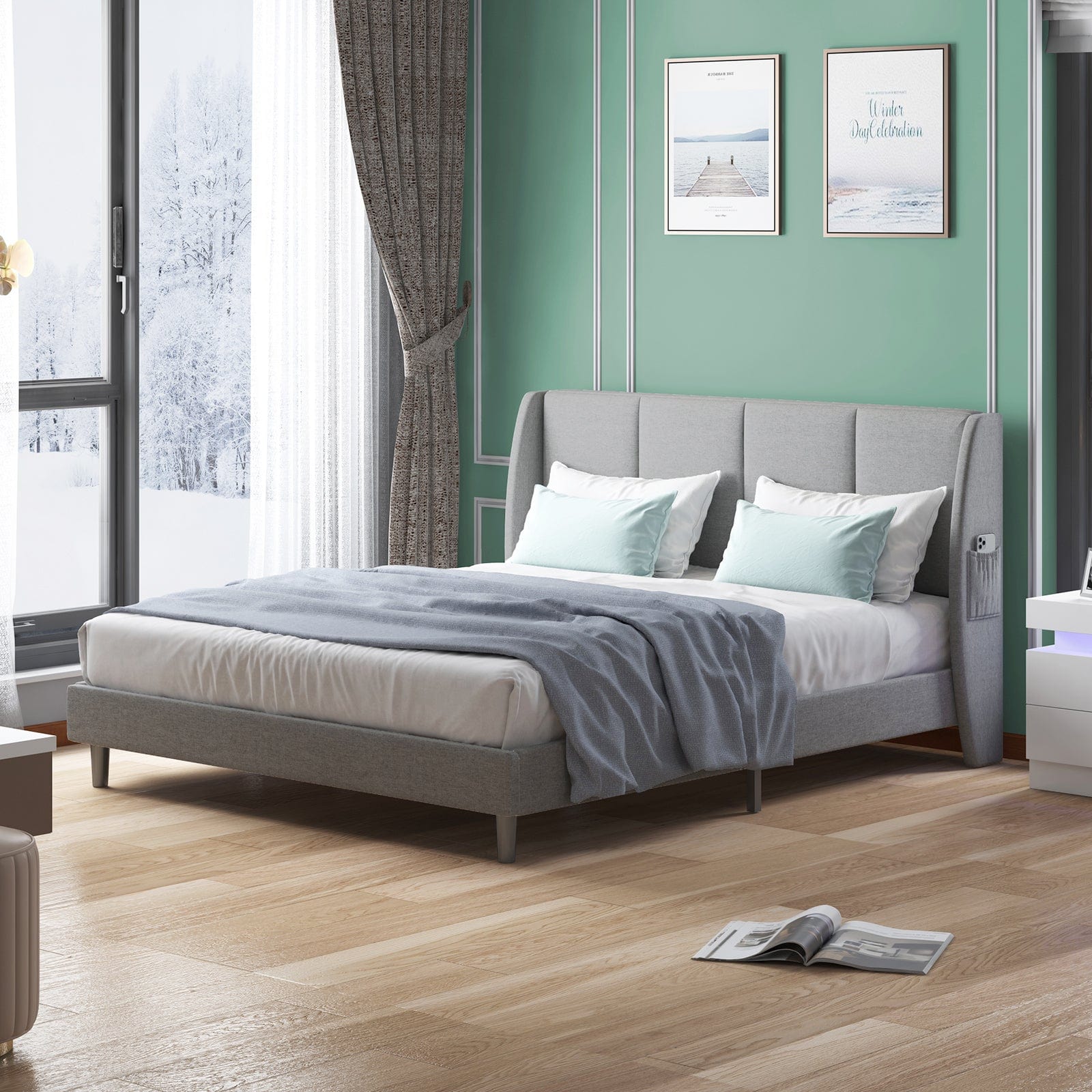 Upholstered Bed Frame | Linen Fabric Vertical Stripe Upholstered Headboard With Wood Slat Bed - uenjoybed