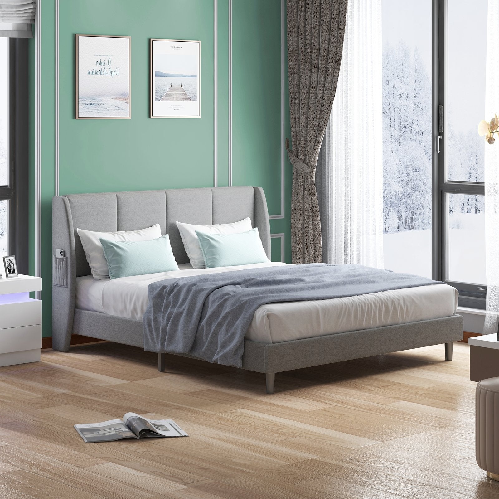 Upholstered Bed Frame | Linen Fabric Vertical Stripe Upholstered Headboard With Wood Slat Bed - Mjkonebed