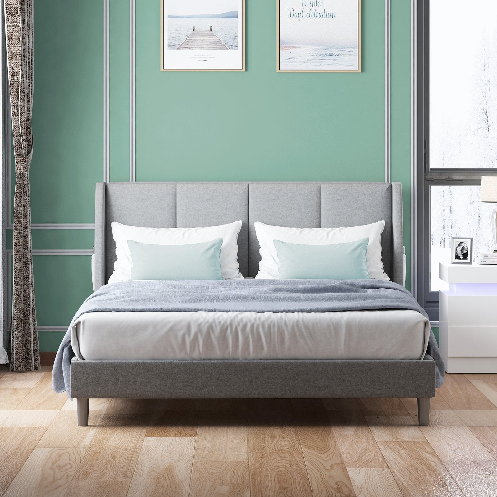 Upholstered Bed Frame | Linen Fabric Vertical Stripe Upholstered Headboard With Wood Slat Bed - Mjkonebed