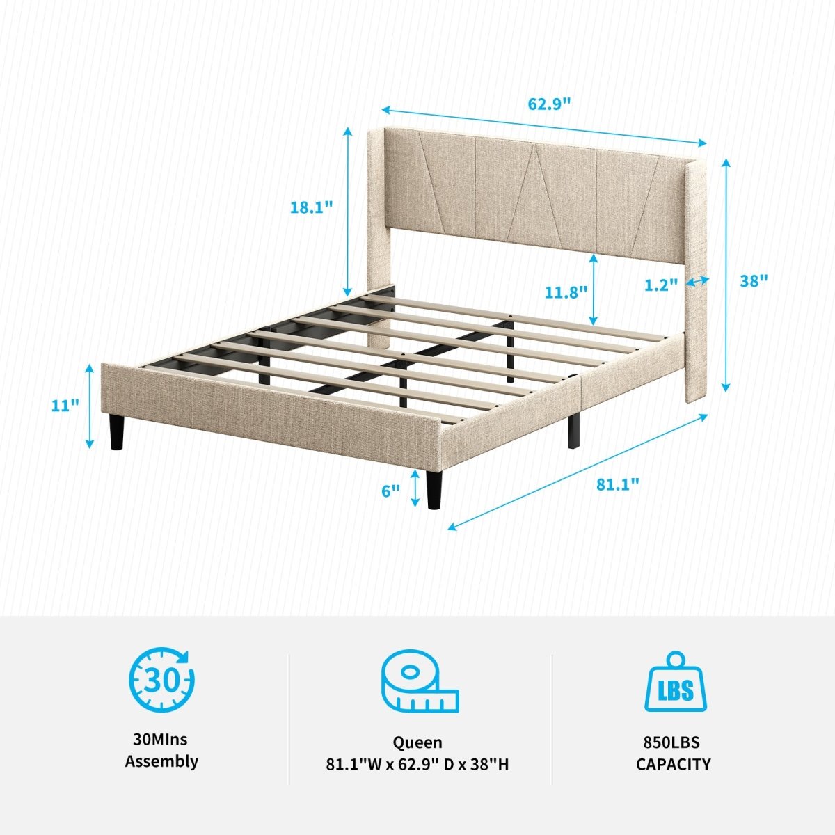 Upholstered Bed Frame | Modern Linen Wingback Platform Bed with Headboard and Wood Slat Support - Mjkonebed frame