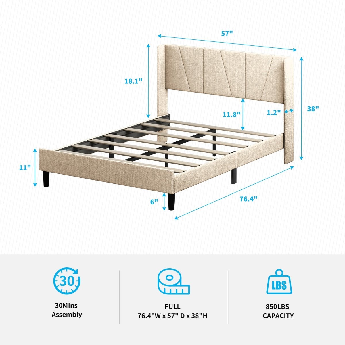 Upholstered Bed Frame | Modern Linen Wingback Platform Bed with Headboard and Wood Slat Support - Mjkonebed frame