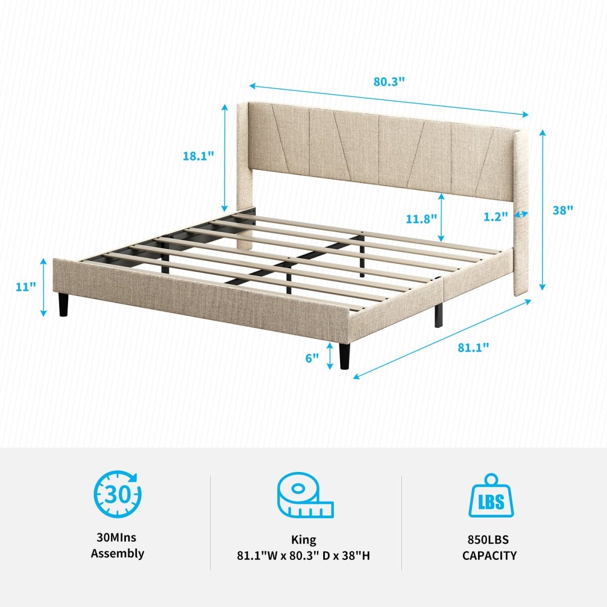 Upholstered Bed Frame | Modern Linen Wingback Platform Bed with Headboard and Wood Slat Support - Mjkonebed frame