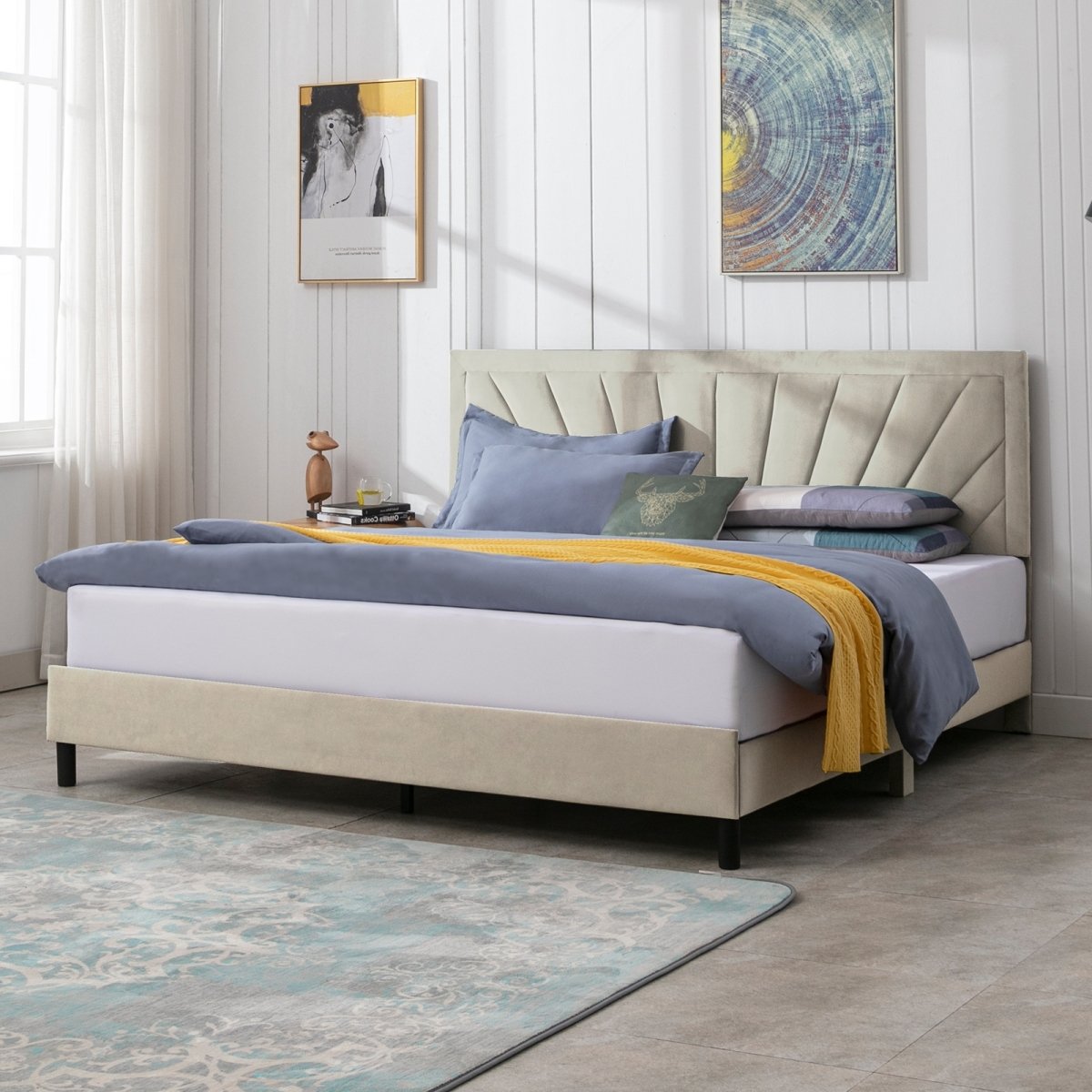 Upholstered Bed Frame | Modern Velvet Platform Bed with Headboard and Wood Slat Support No Box Spring Needed - Mjkonebed frame