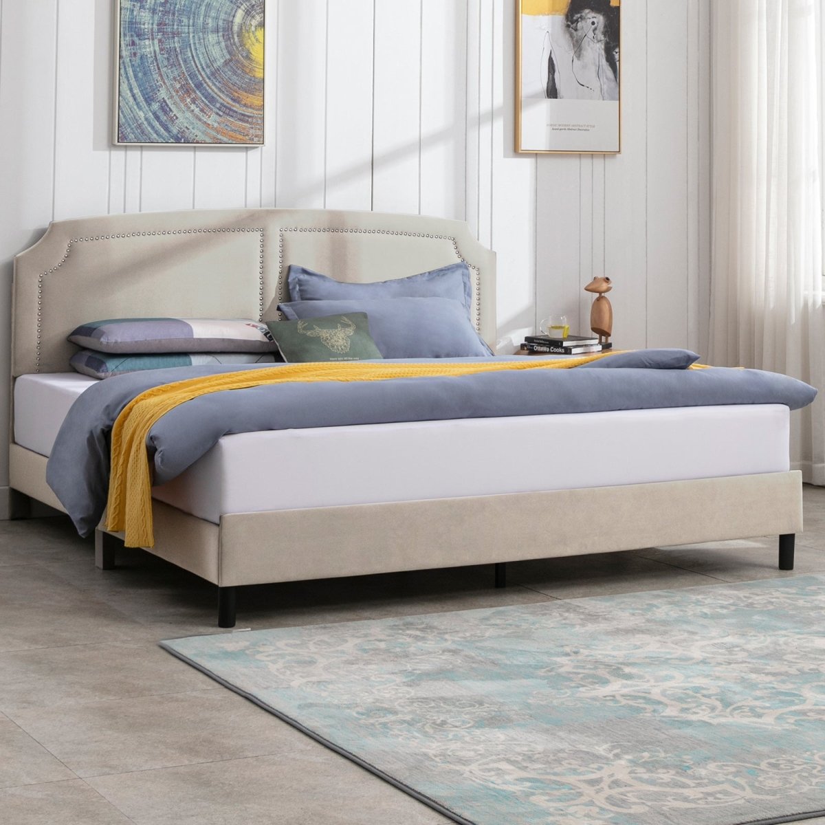 Upholstered Bed Frame | Velvet Platform Bed Frame with Headboard and Wooden Slats No Box Spring Required - Mjkonebed frame