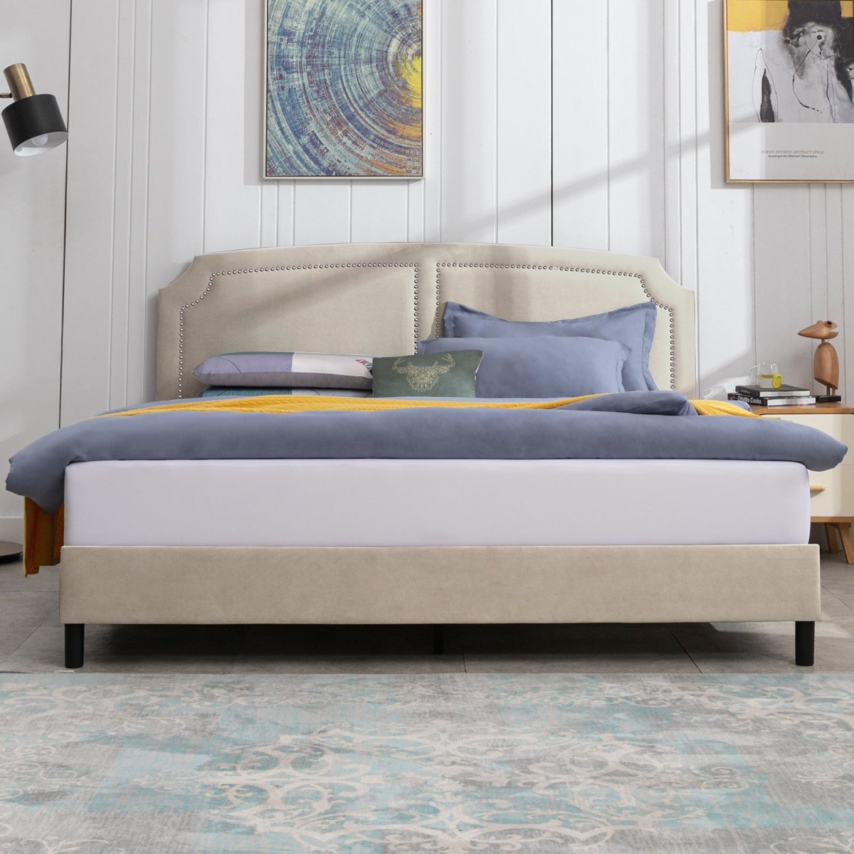 Upholstered Bed Frame | Velvet Platform Bed Frame with Headboard and Wooden Slats No Box Spring Required - Mjkonebed frame