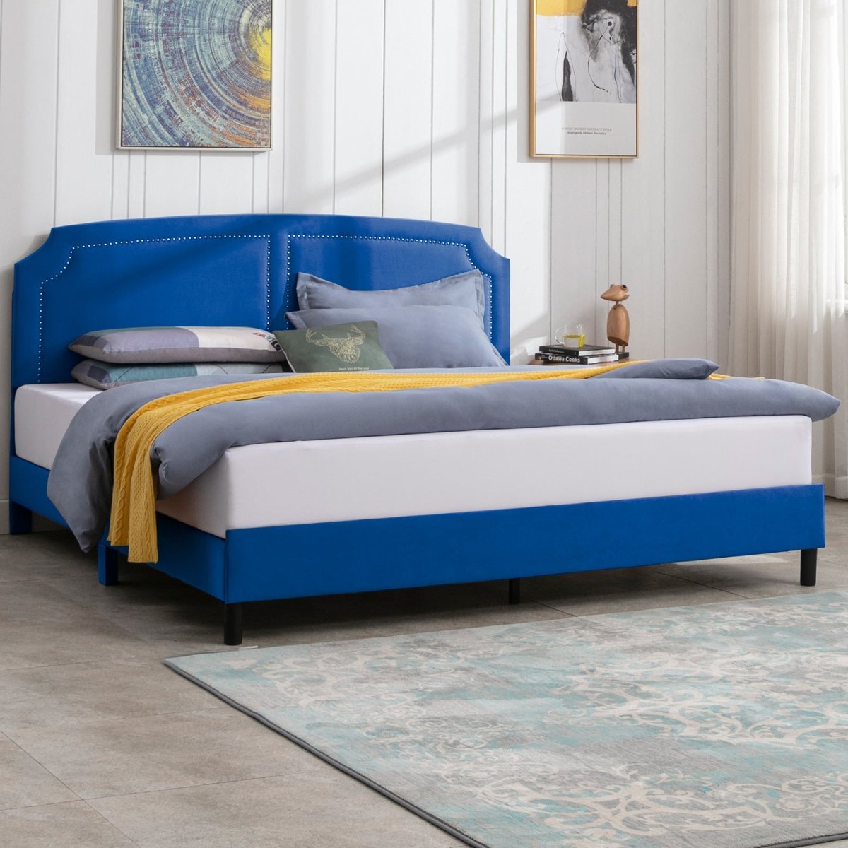Upholstered Bed Frame | Velvet Platform Bed Frame with Headboard and Wooden Slats No Box Spring Required - Mjkonebed frame