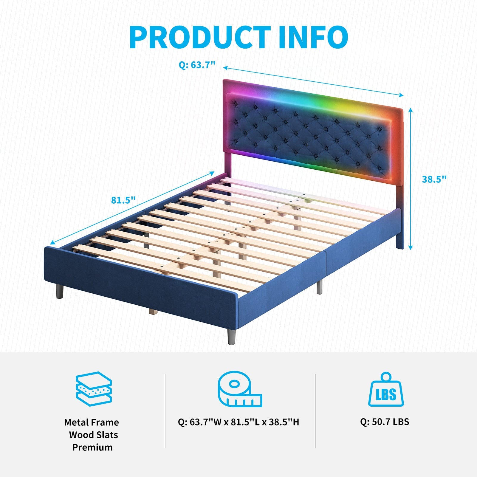 Upholstered Bed Frame | Velvet Upholstered Platform Bed Frame with Music Sync Color Changing LED Light Strips & Works with Alexa Or APP - uenjoybed