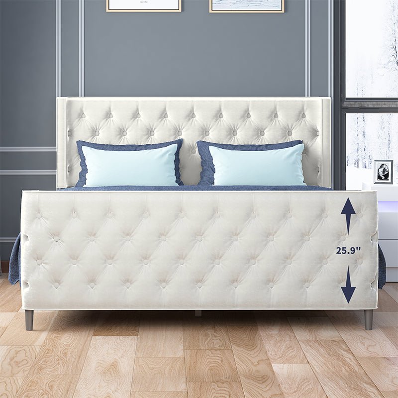 Upholstered Bed Frame | with Dutch Velvet Fabric Diamond-Shaped Button Headboard and Wood Slat - Mjkonebed