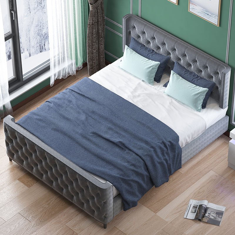Upholstered Bed Frame | with Dutch Velvet Fabric Diamond-Shaped Button Headboard and Wood Slat - Mjkonebed