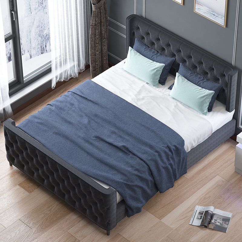 Upholstered Bed Frame | with Dutch Velvet Fabric Diamond-Shaped Button Headboard and Wood Slat - Mjkonebed