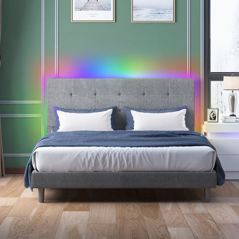 Upholstered Bed Frame | with LED Lights Music Sync Changing Color & Works with Alexa or APP - Mjkonebed frame