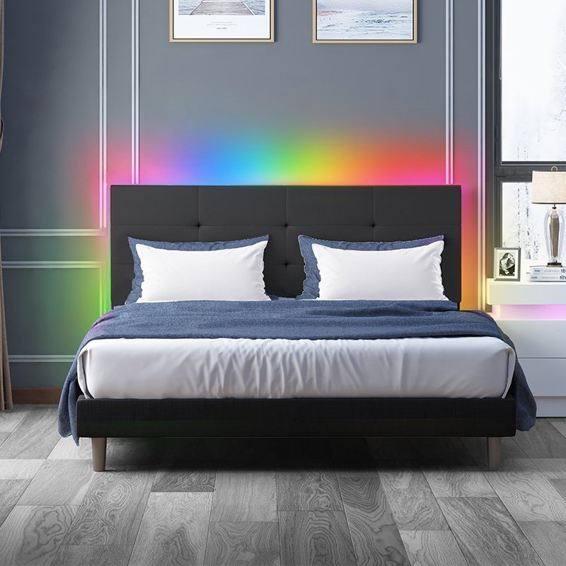 Mjkone King/Queen/Full Size LED Bed Frame with Upholstered Headboard