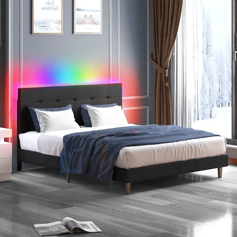 Upholstered Bed Frame | with LED Lights Music Sync Changing Color & Works with Alexa or APP - Mjkonebed frame