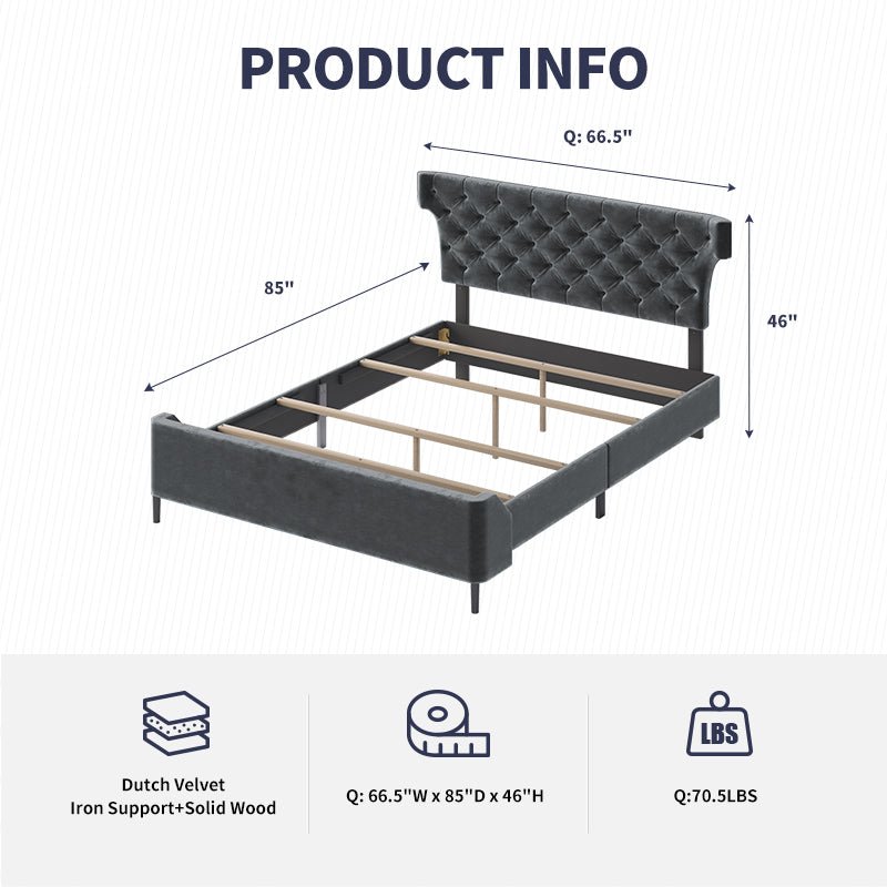 Upholstered Bed Frame | with Velvet Fabric Curved Back Button Decoration Headboard and Footboard - Mjkonebed